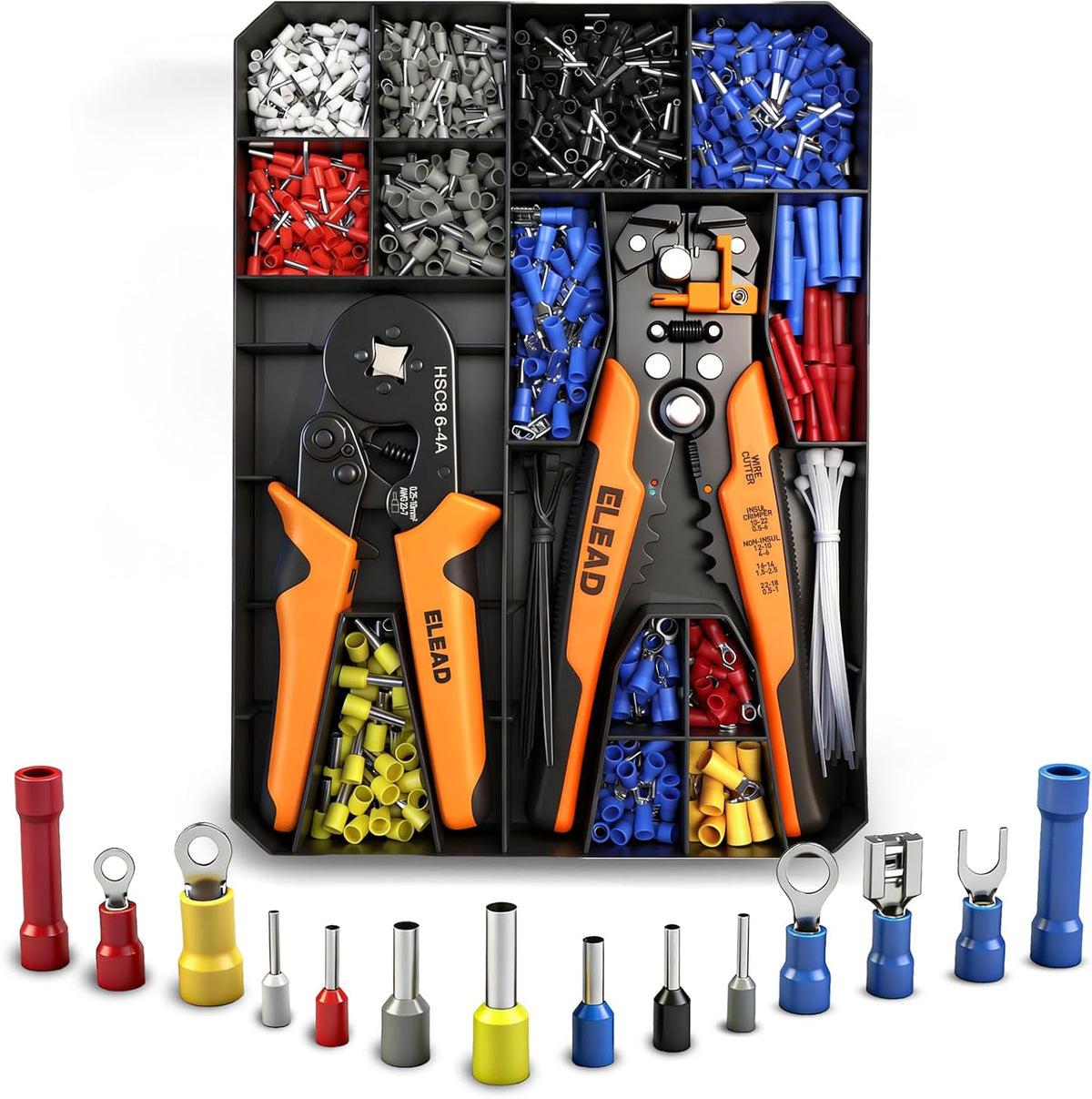 1188-Piece Ferrule Crimping & Stripping Tool Kit, AWG 23-7 (0.25-10 mm²) Ferrule Crimper, Automatic Wire Stripper with Conductor End Sleeve, Terminal, Flat Plug, Flat Connector and Tie Tape