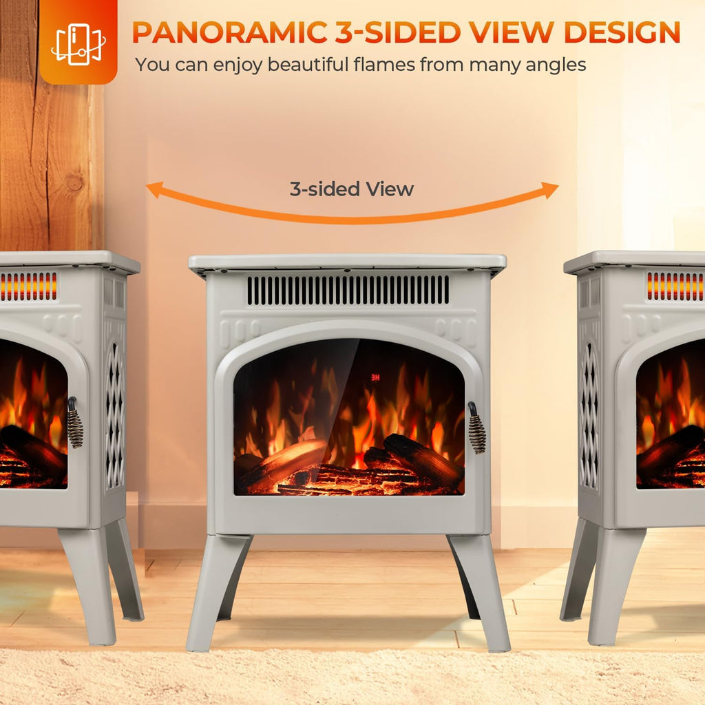 Electric Fireplace Heater 17" with Remote Control, Metal, Beige | Cathedral Stylish, Freestanding, Realistic Flame