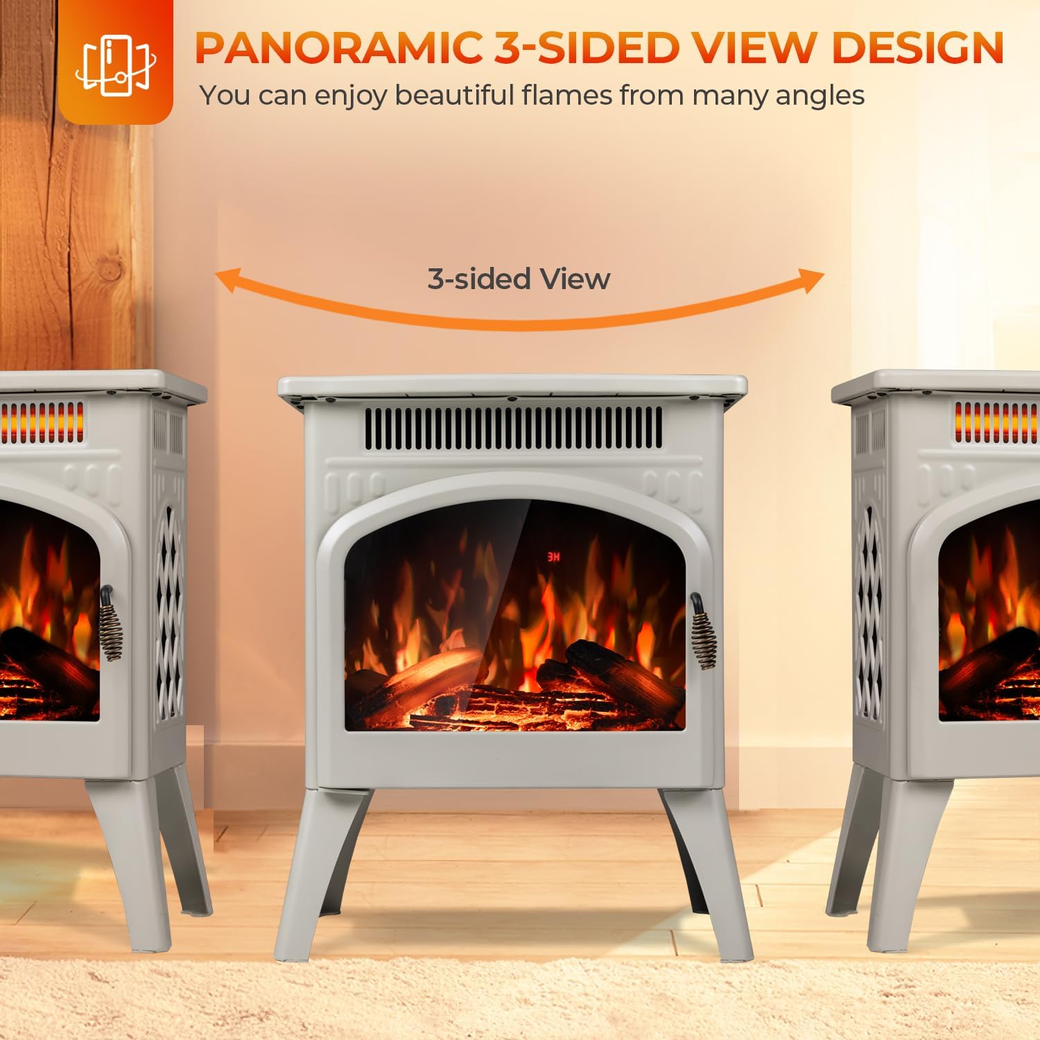 Electric Fireplace Heater 17" with Remote Control, Metal, Beige | Cathedral Stylish, Freestanding, Realistic Flame