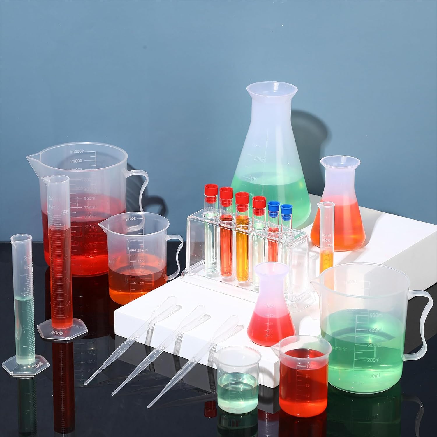 28 Pcs Beakers and Test Tubes Set Including 3 Graduated Cylinder 5 Plastic Beakers 3 Erlenmeyer Flask 10 Droppers 6