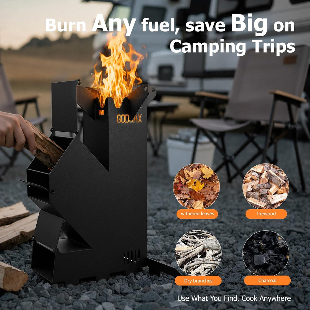Rocket Stove Portable Wood-Burning Camping Stove with Storage Bag | 1.8mm steel,130lbs downward load,6.33lb