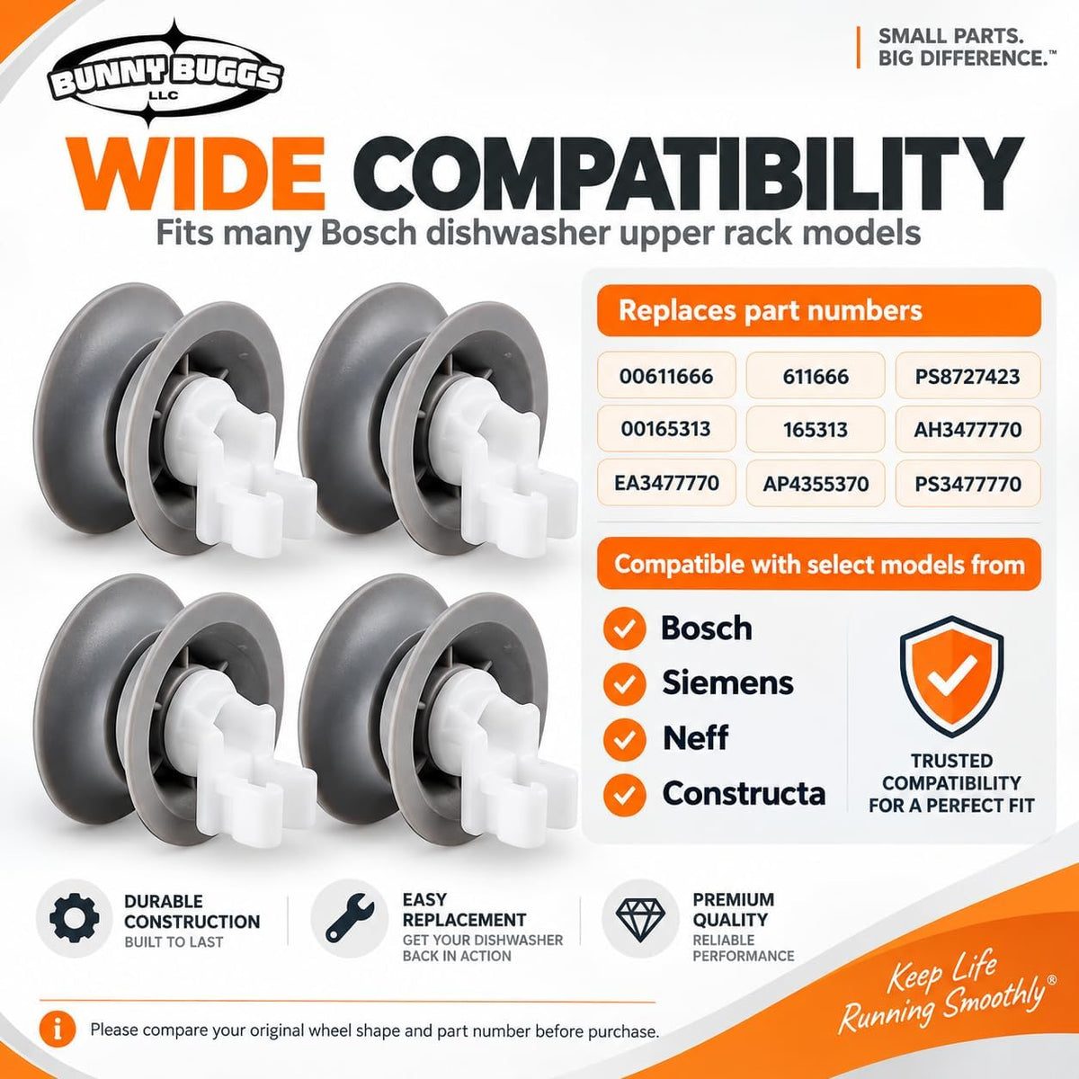 611666 Dishwasher Upper Rack Roller Wheel Kit, Compatible with Bosch Dishwashers, Replaces 00611666, 10032849, 00165313, 165313, PS8727423, AP4355370, 4-Pack