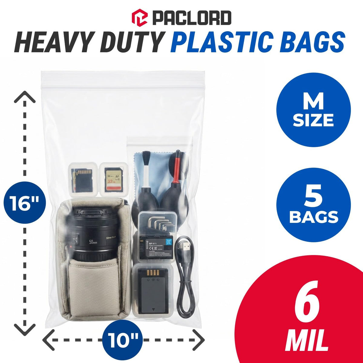 10" x 16" Medium Reclosable Plastic Zip Bags, 5 Count