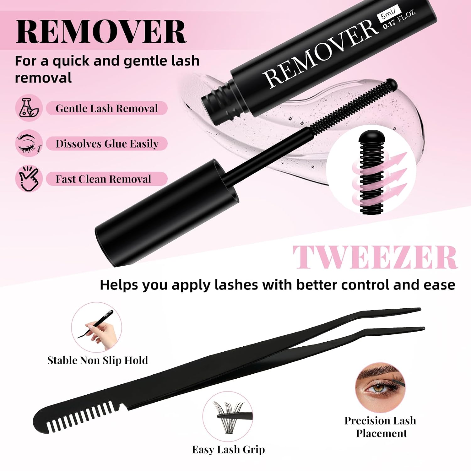 Gray Lash Bond and Seal Kit with Lash Glue Remover and Tweezers Long-Lasting, Waterproof For DIY Eyelash Extension At