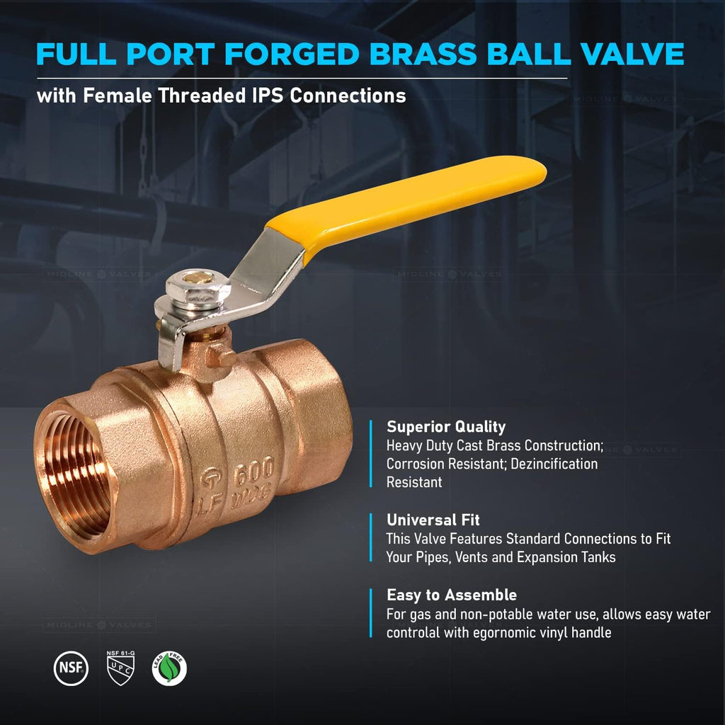 Midline Valve 822T223-NL Premium Full Port Ball Valve Brass, 1 in. FIP