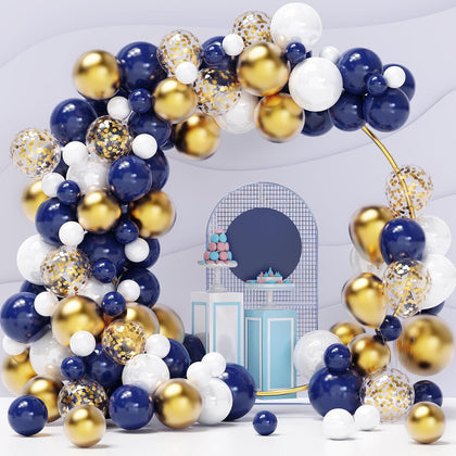 Navy Blue Gold Balloons Garland Kit, 120 pcs Navy and Gold Confetti White Balloons Arch for Graduation Birthday Party