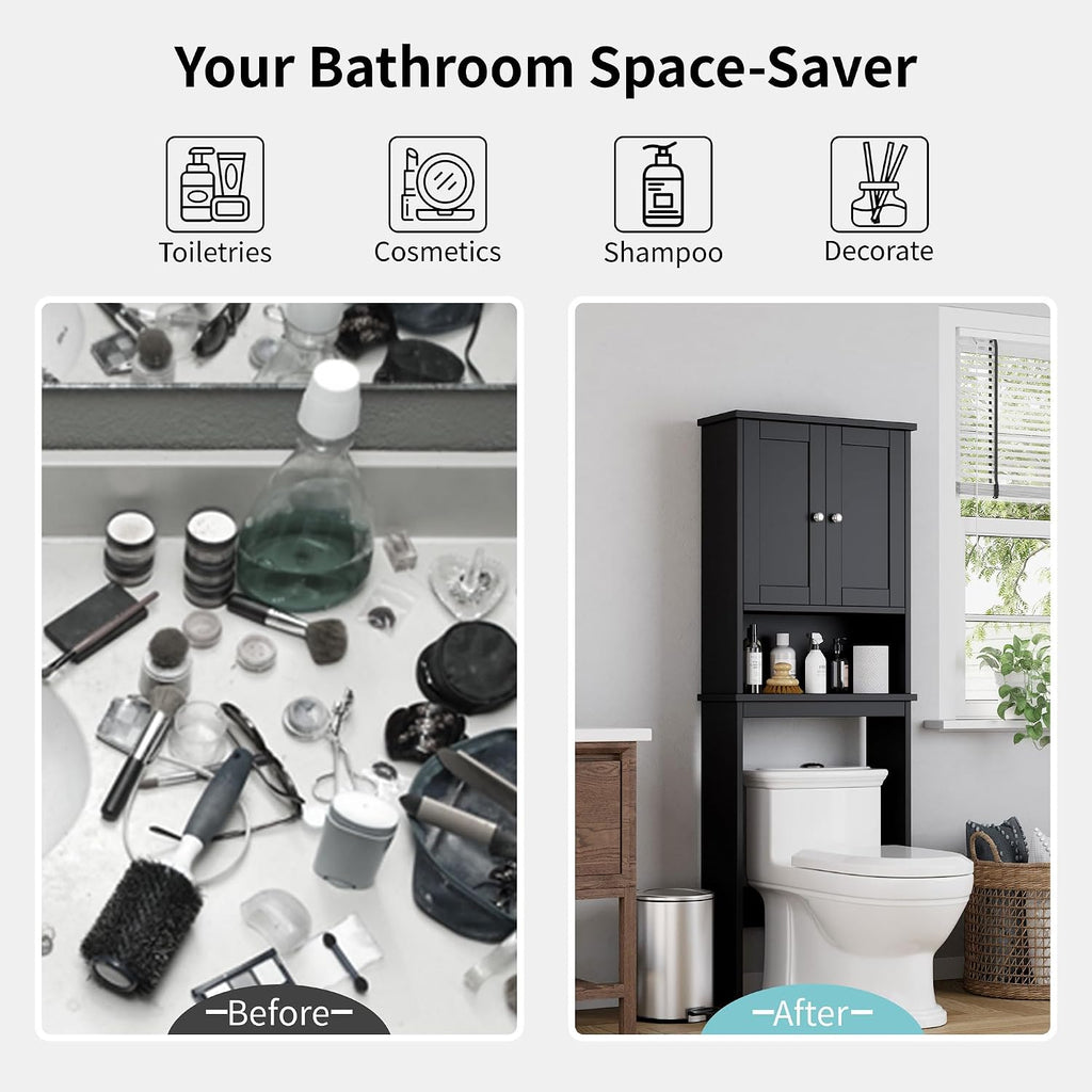 Over the Toilet Storage Cabinet, Bathroom Shelf Organizer with Anti-Tip Device Small Freestanding Space Saver with