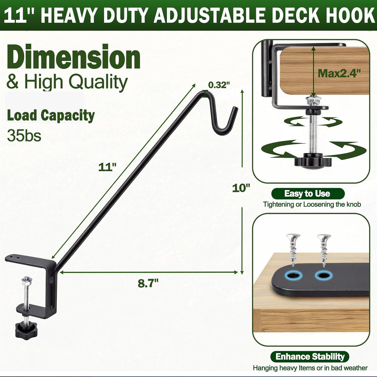 11 Inch Deck Railing Plant Hanger 2 PCS, Deck Hooks for Railing