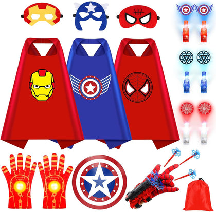 Superhero Capes with Masks,Unique Accessories,for Kids Ages 3-12 | Web Shooters,Shield,Light-Up-Gloves,6 Finger