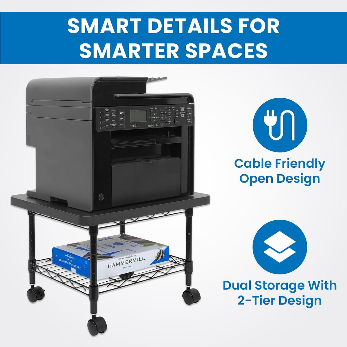 Under Desk Printer Stand with Wheels | Mobile Printer and Fax Cart with Storage Shelf for Office and Home Use, 2
