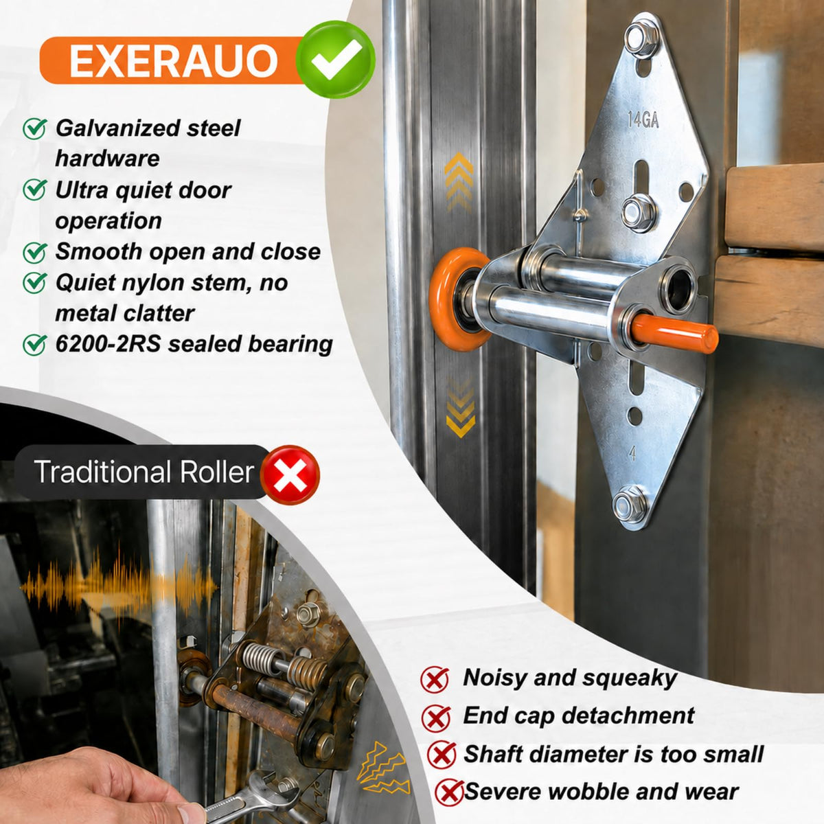 EXERAUO Garage Door Hardware Kit for 7 Ft High Doors, Quiet Nylon Rollers