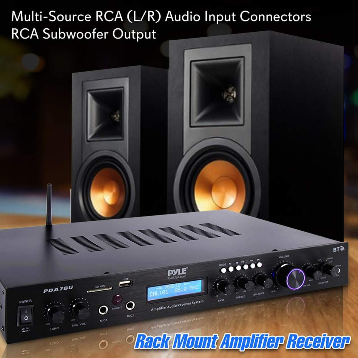 Bluetooth Home Theater Amplifier - 200 Watts into 5 Channels with Subwoofer Out, Easy Karaoke - Dual Mic, Wireless