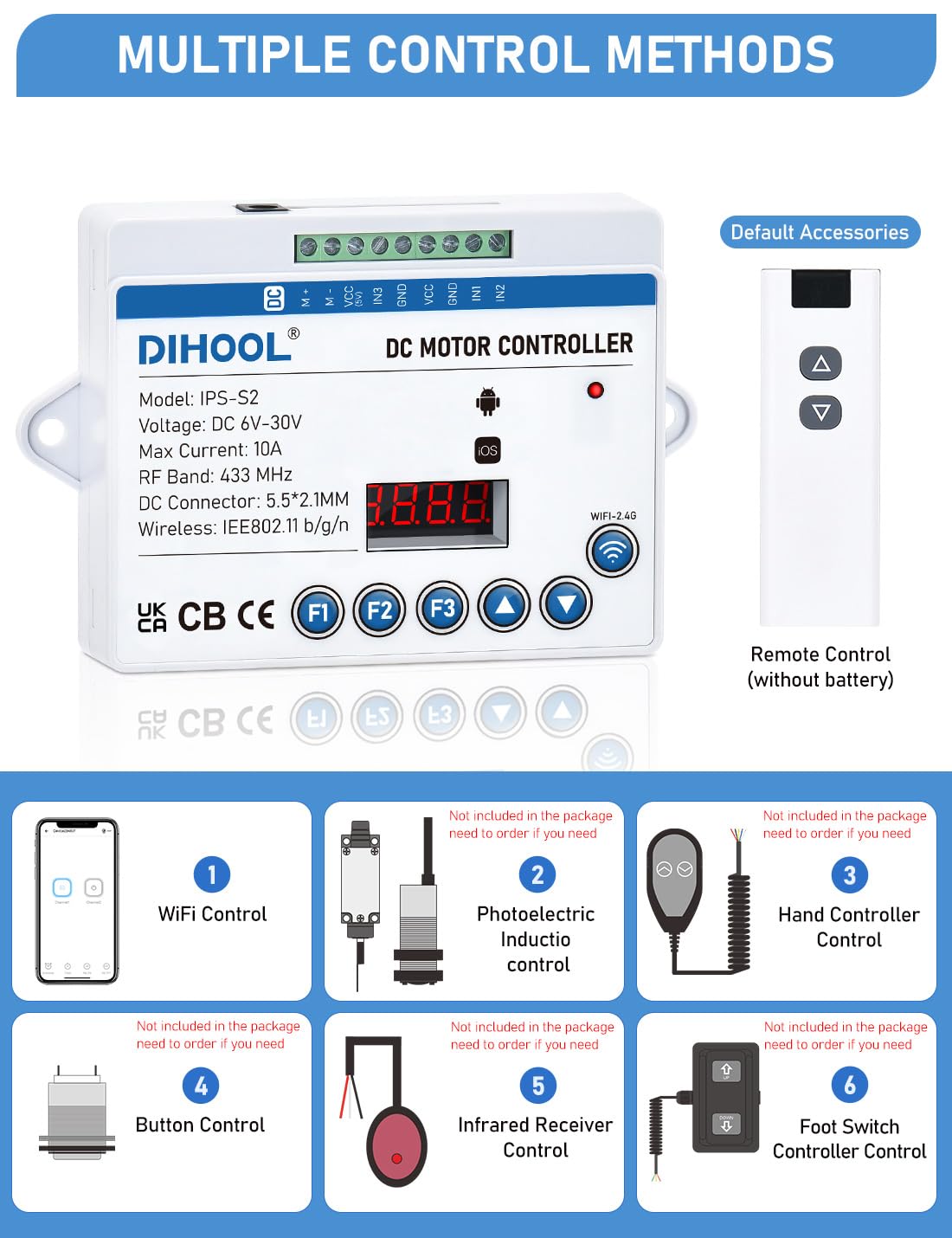DIHOOL Electric Linear Actuator Controller with Current Limit, WiFi and Timer, Smart eWeLink Control, Remote Wireless 12V 24V DC Motor Controller, Rebound When Obstacles Protection, Load Safety