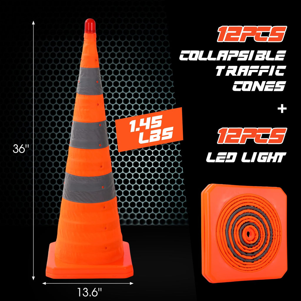 12 Pack Collapsible Traffic Cones with LED Light, 36 Inch
