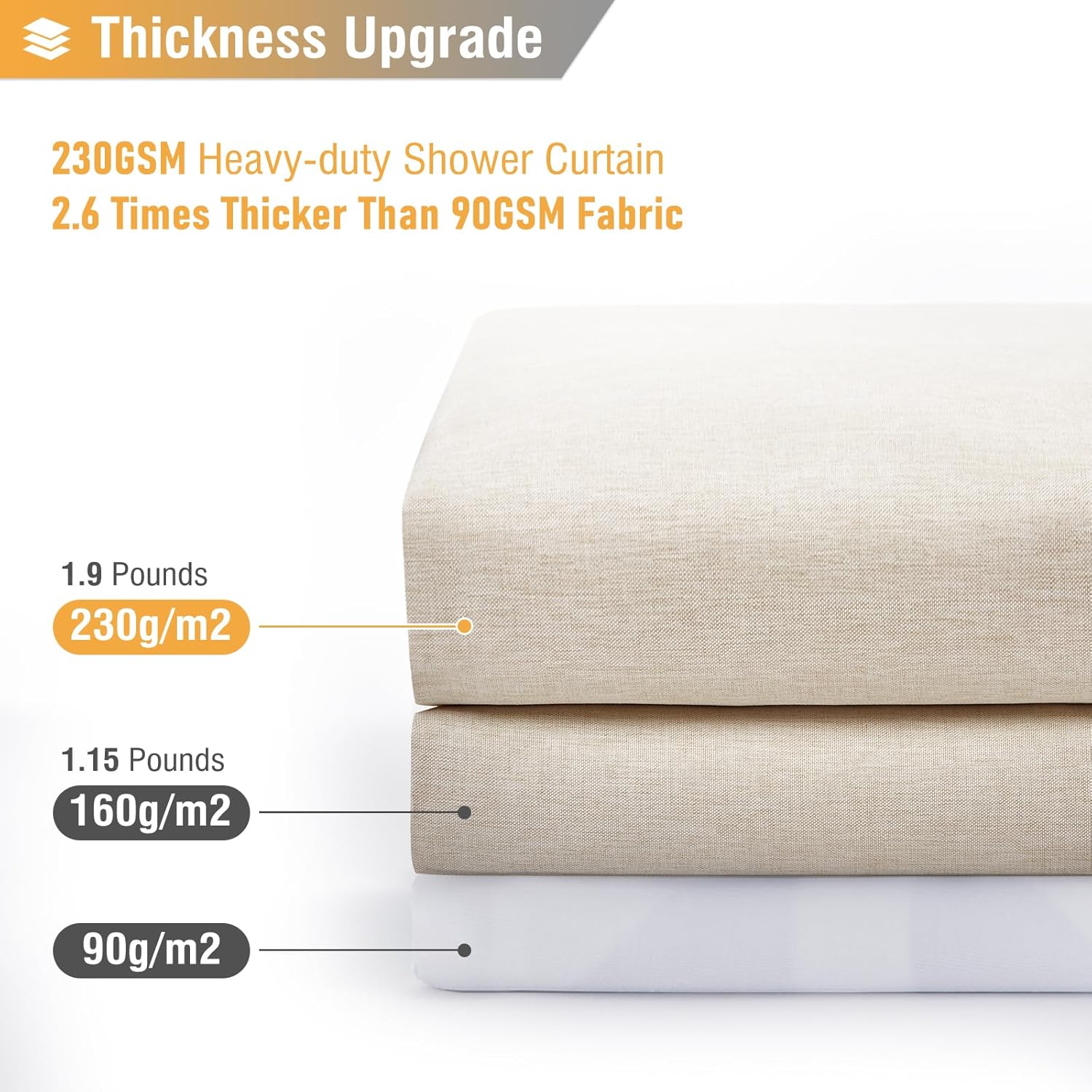 Beige Linen Textured Waterproof Fabric Shower Curtain, 72x72, Cream | 230GSM Polyester, Heavy Duty Cloth, Weighted