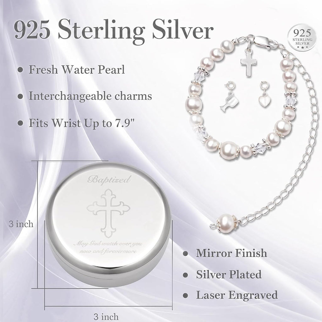 Baptism Bracelet in 925 Sterling Silver and Cultured Pearls for Baby Girls, Comes with a Unique Silver-plated Jewelry