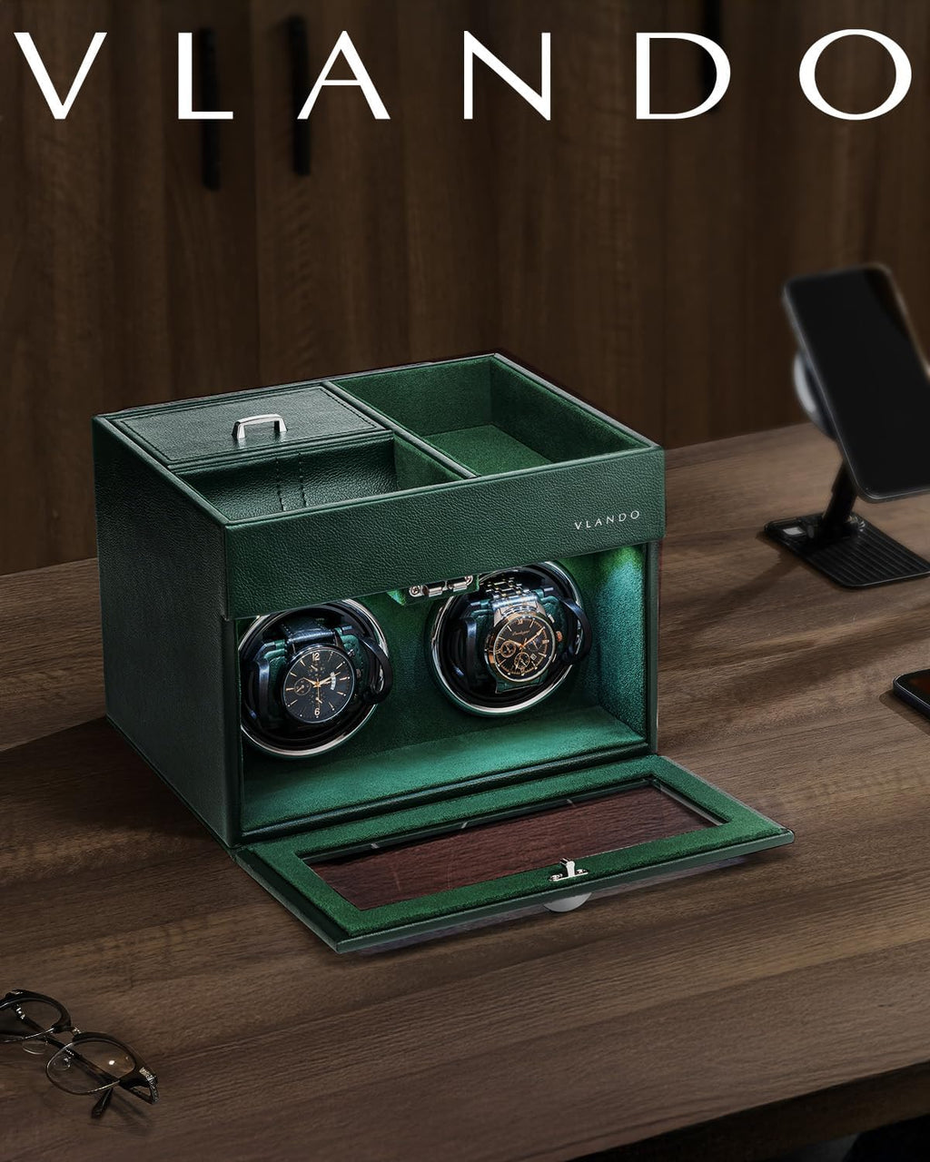 Double Watch Winder for Automatic Watches with Jewelry Tray, Green | Quiet Japanese Motor Winds Two Automatic Watches