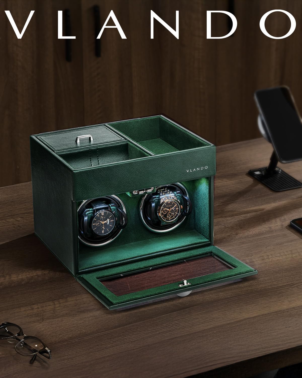 Double Watch Winder for Automatic Watches with Jewelry Tray, Green | Quiet Japanese Motor Winds Two Automatic Watches