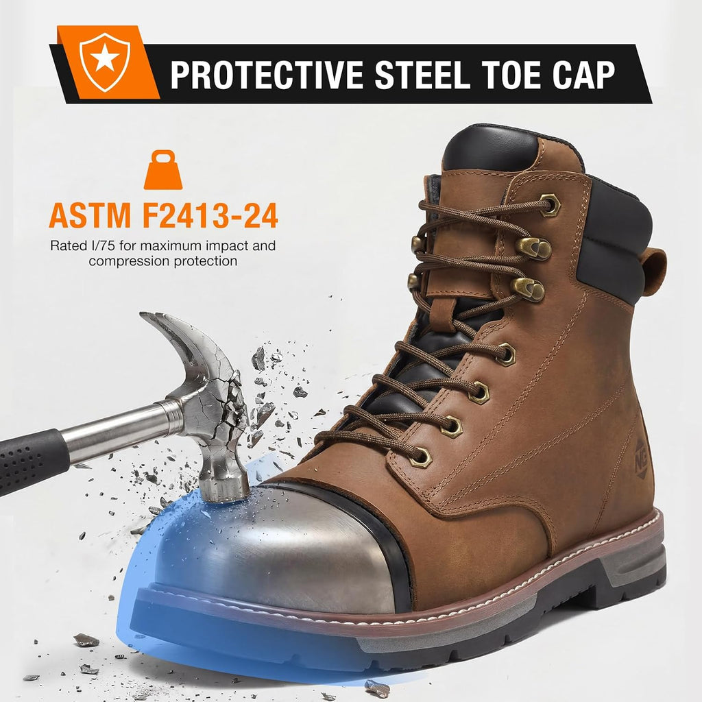 Steel Toe Work Boots for Men, Water Resistant Crazy Horse Leather | Comfortable Lightweight Non Slip Work Shoes, EH