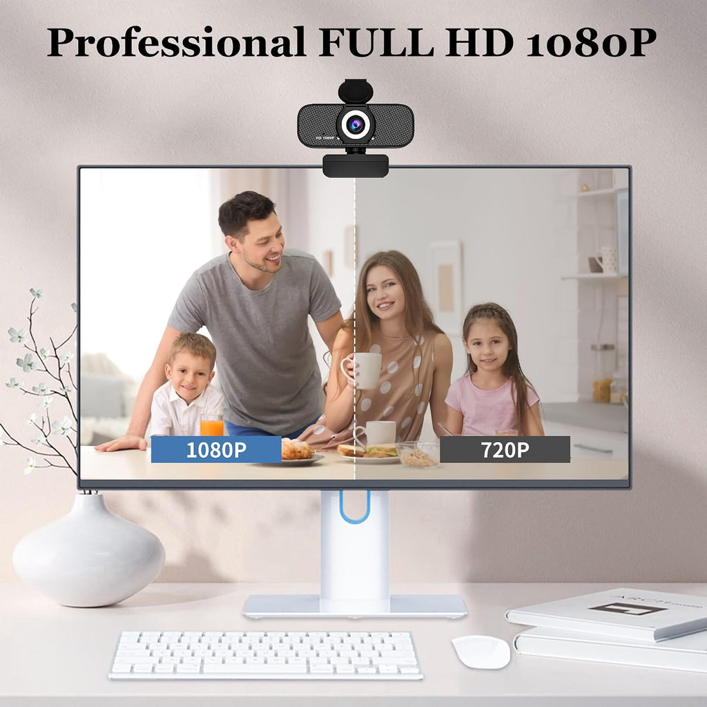 Full HD 1080P Webcam, Black, with Privacy Cover, Noise Cancellation, Auto Focus