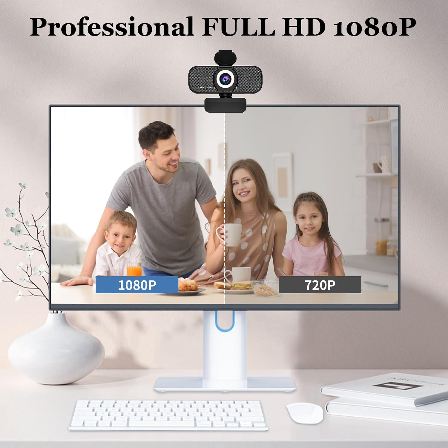Full HD 1080P Webcam, Black, with Privacy Cover, Noise Cancellation, Auto Focus