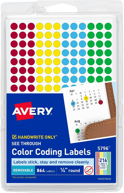 See-Through Color-Coding Removable Labels, 1/4 Inch Round Labels, Assorted Translucent Colors, Non-Printable, 864 Dot
