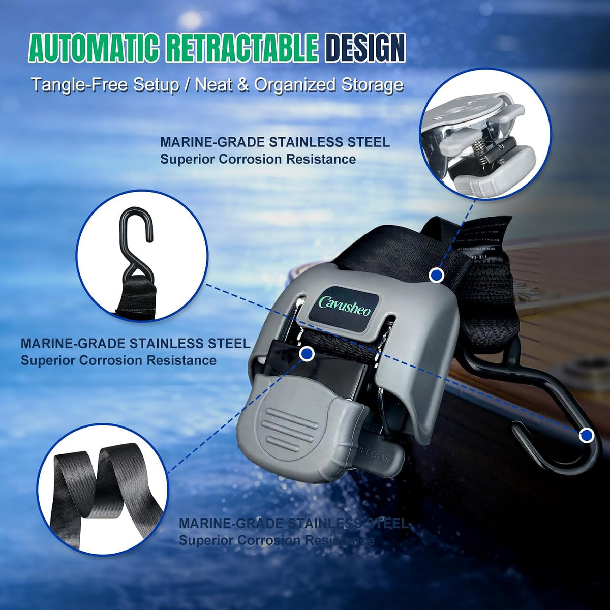 2Pack Retractable Boat Transom Tie Down Straps 2" x 43" 2500 lbs Strength