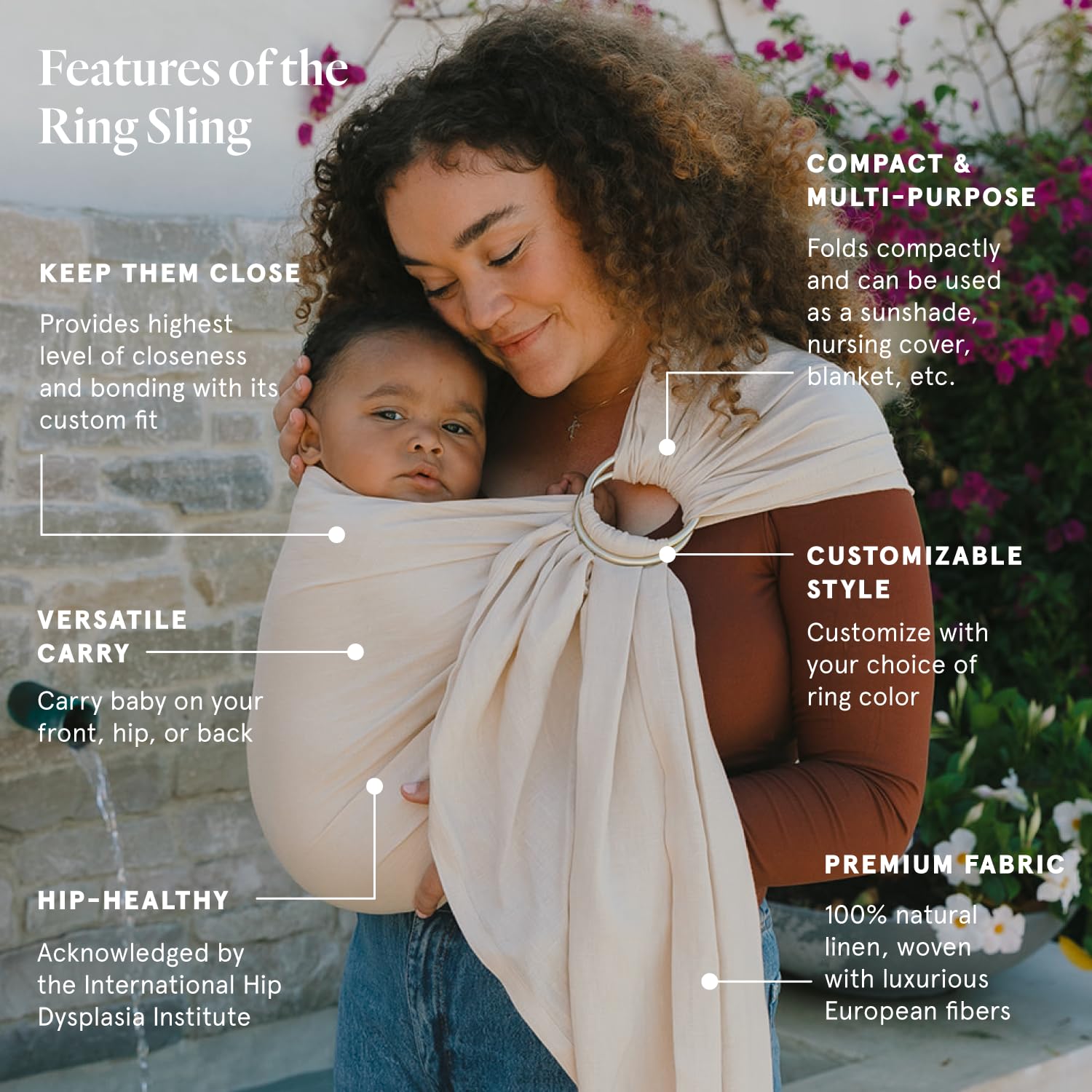 Ring Sling Baby Carrier - 0-36 Months (up to 35 lbs) - Standard (74") Sparrow & Rose Gold Ring - Front, Hip or Back