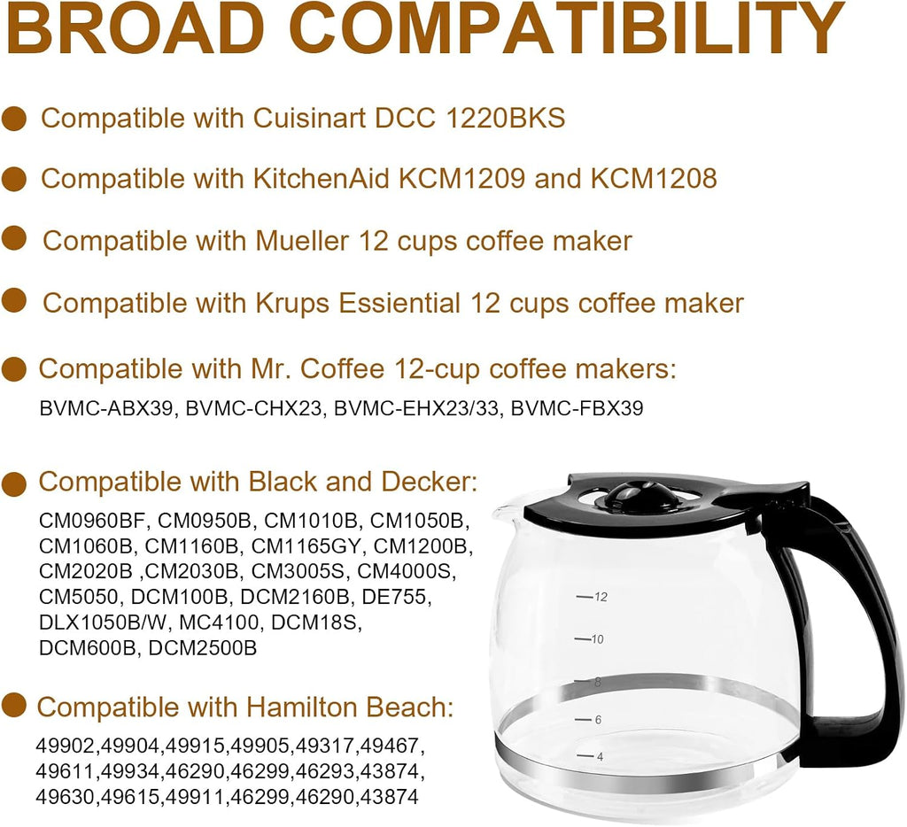 12-Cup Glass Carafe Pot for Mr Coffee, Black & Decker, Hamilton, KitchenAid