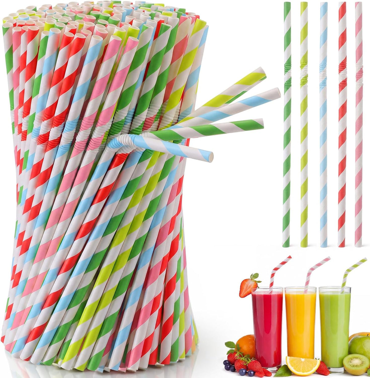 500 Pcs Paper Drinking Straws, Colorful Bendable Striped Straws 7.9"