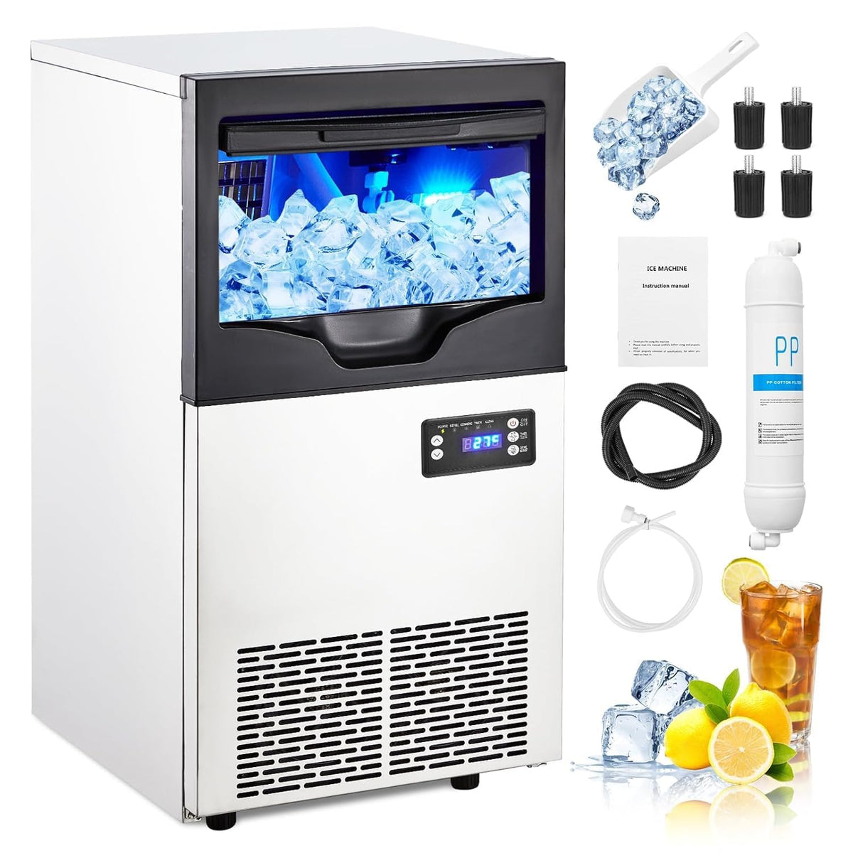 Commercial Ice Maker Machine, 110LBS/24H with 30 lbs Bin