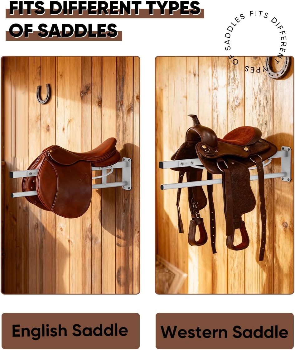 Wall Mounted Saddle Rack with Pad Bar for Horses Saddles, White