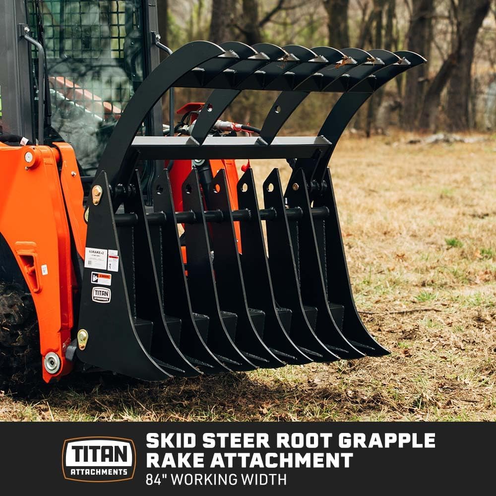 84" Root Grapple Rake, Universal Skid Steer Mount, Wide Clamshell, Twin 3,000 PSI Cylinders, 2,900 LB Rated