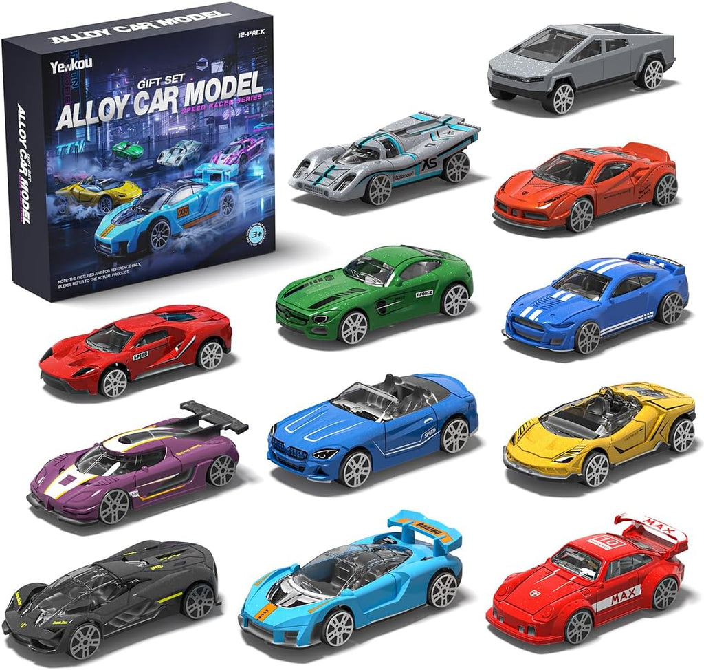 1:64 Scale Die-Cast Metal Toy Cars 12-Pack Vehicles Set, Includes Pickup, Racing Cars, Sports Cars for Display or