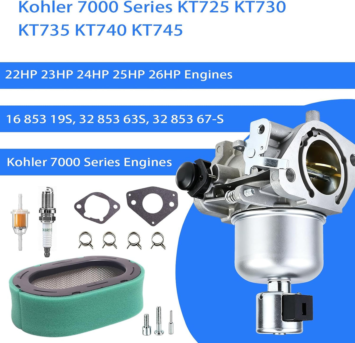 KT725 Carburetor Fits for Kohler 7000 Series Engines 22HP 23HP 24HP 25HP 26HP KT725 KT730 KT735 KT740 KT745, Replaces 1685319-S Carb with Gaskets