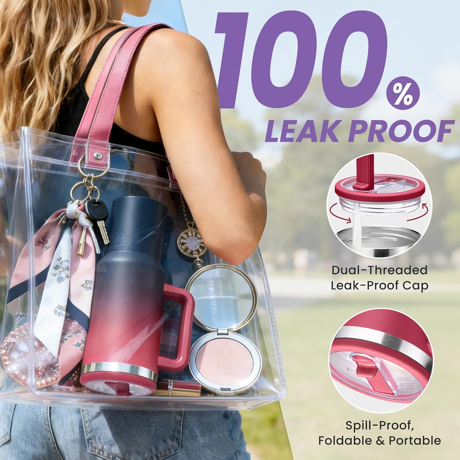 40 oz Leak-Proof Travel Tumbler with Handle & Flip Straw - Insulated Stainless Steel Mug Keeps Drinks Cold 34 Hours &