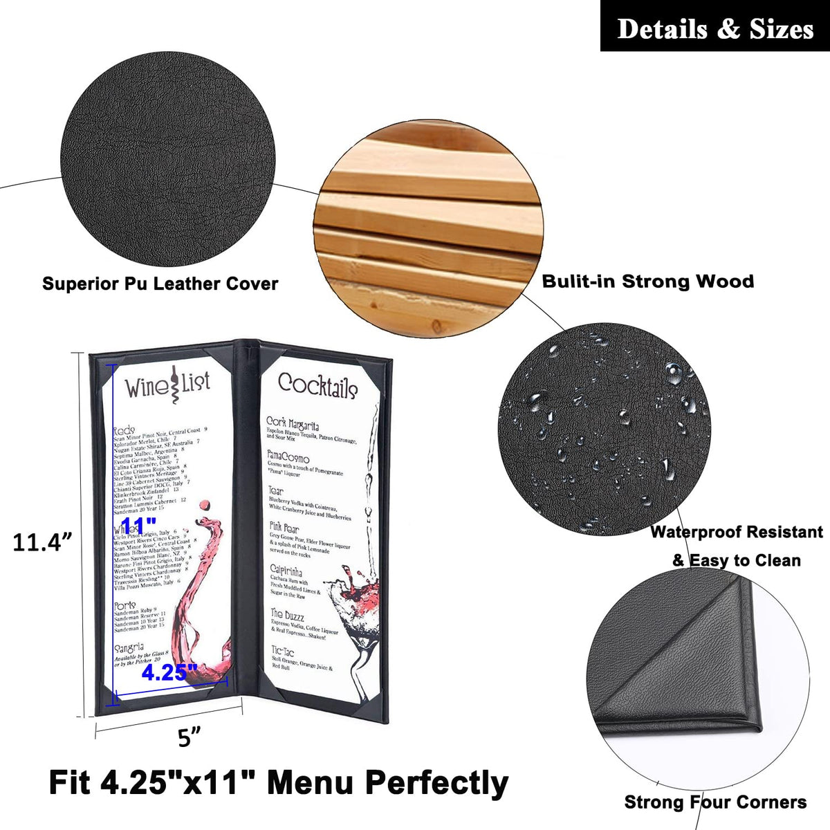 4.25 x 11 inches Leather Menu Holder Double Views