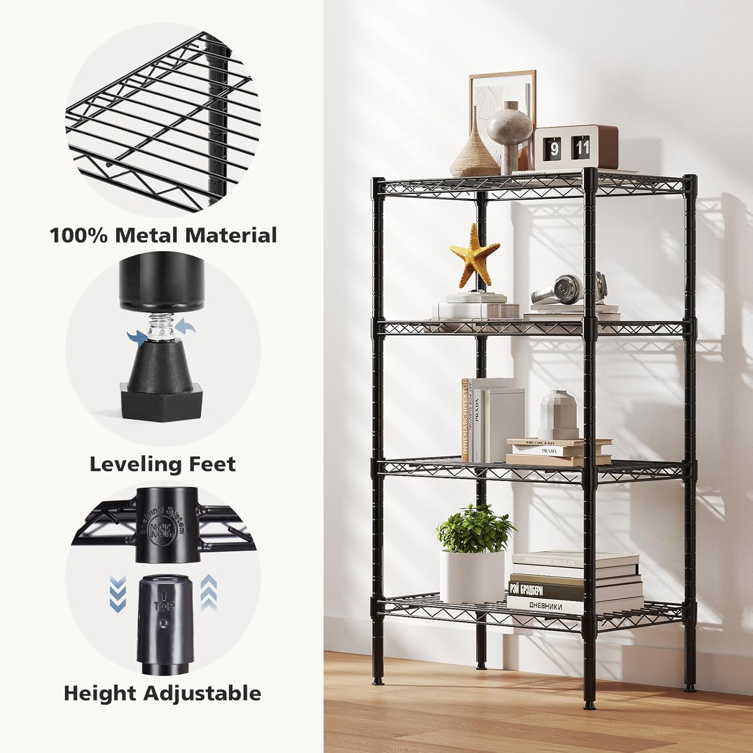 4-Tier Metal Wire Storage Shelves, Adjustable Standing Storage Rack Shelf, Heavy Duty Steel Shelving Unit Organizers