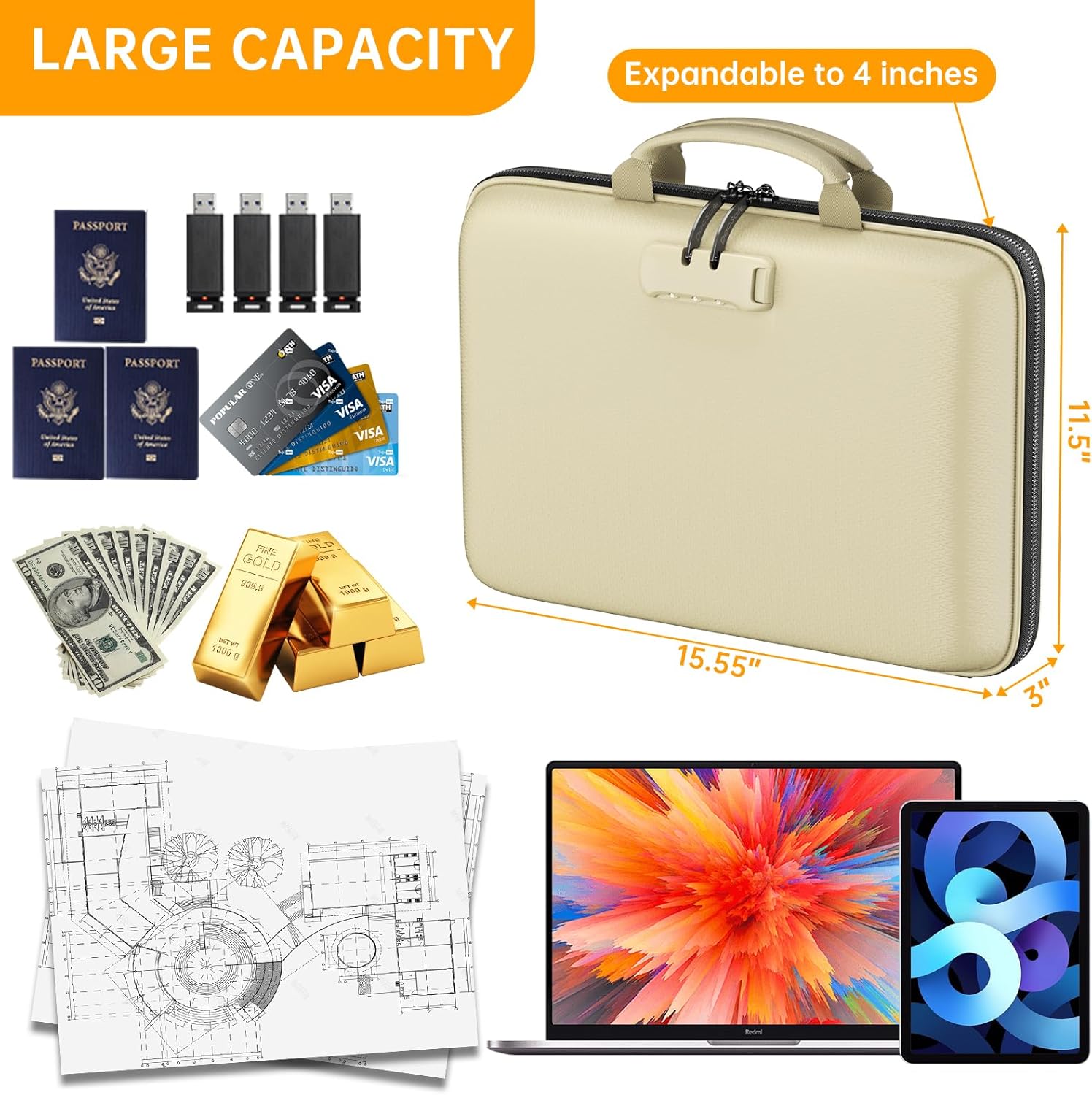 Fireproof File Organizer with Lock, Hard-Shell Case Fireproof Document Box with 13 Pocket Accordion File Folder