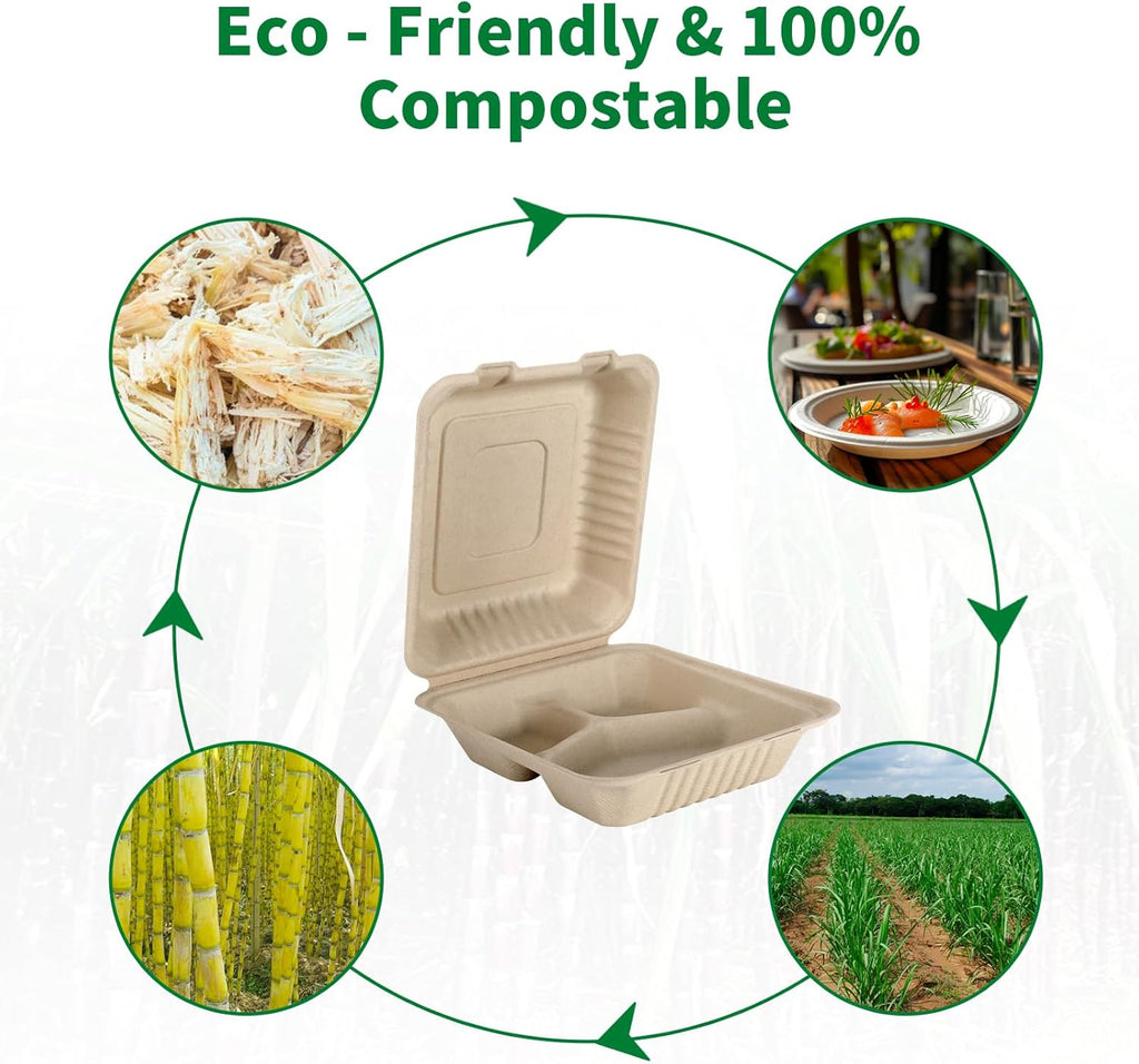 Disposable 50 Pack 3 Compartment 8x9 Inch Take Out Food Containers