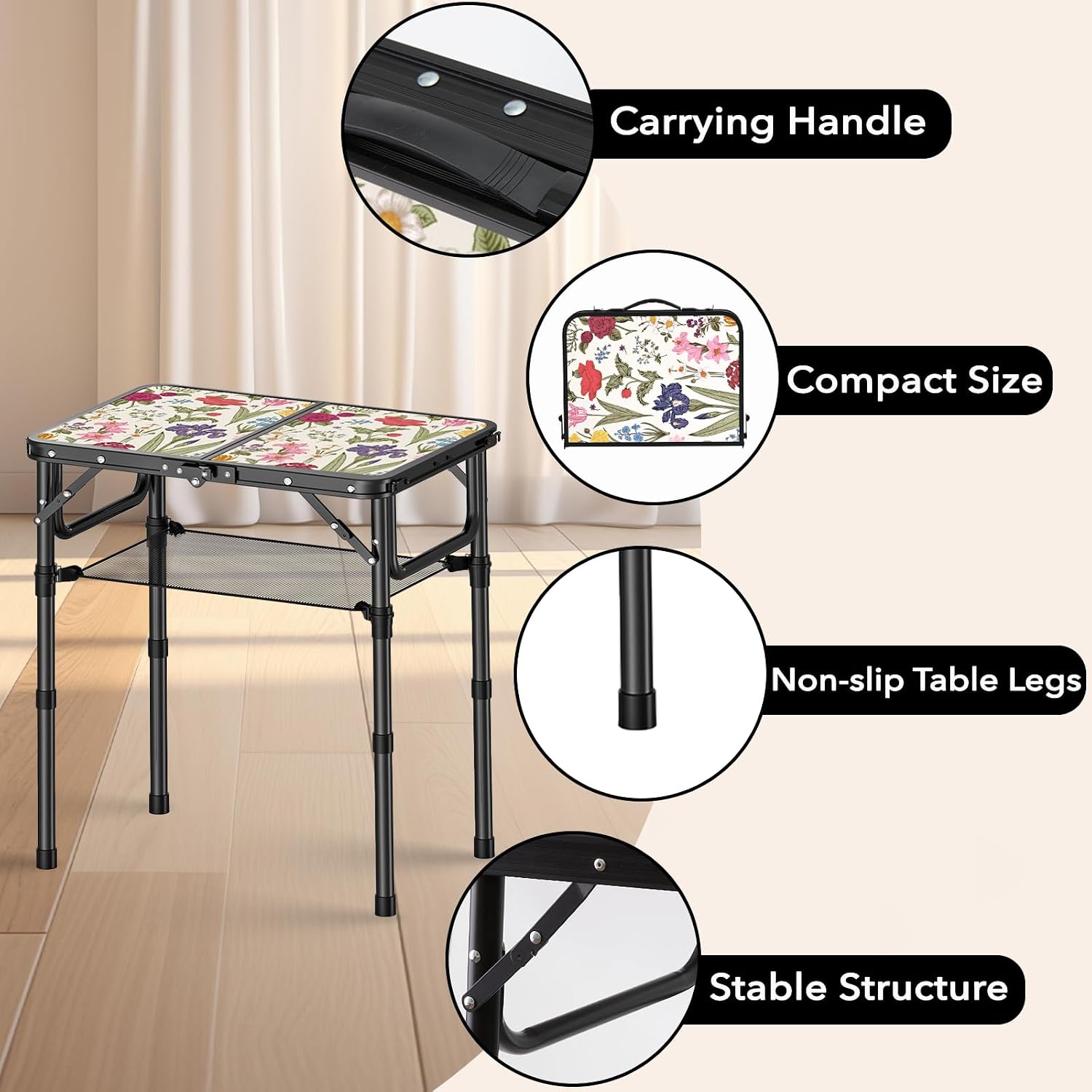 Small Camping Table, Vintage French Flowers Pattern Folding Table, Adjustable Height, Lightweight & Portable Outdoor