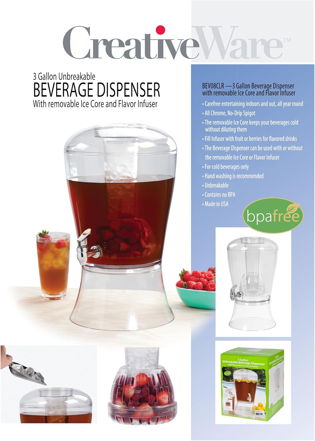 3 Gallon Beverage Dispenser With Ice Cylinder And Fruit Infuser