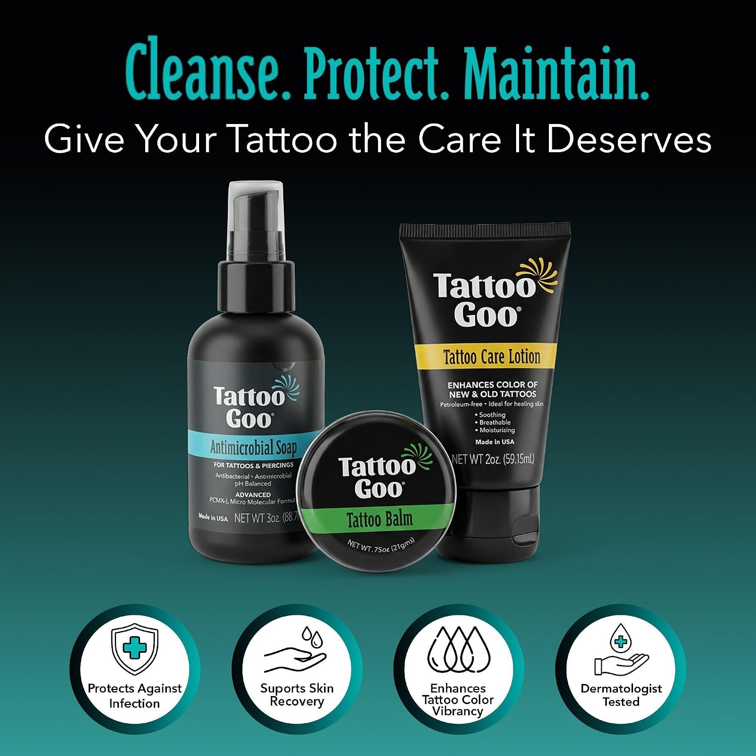 Tattoo Aftercare Kit, 3 Piece Set, Includes Antimicrobial Soap, Tattoo Balm & Healing Lotion, Main Vibrant Color &