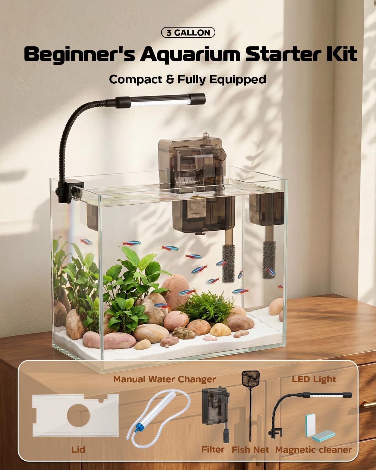 Glass Fish Tank Kit, 3 Gallon Betta Nano Fish Tank Aquarium Starter Kit