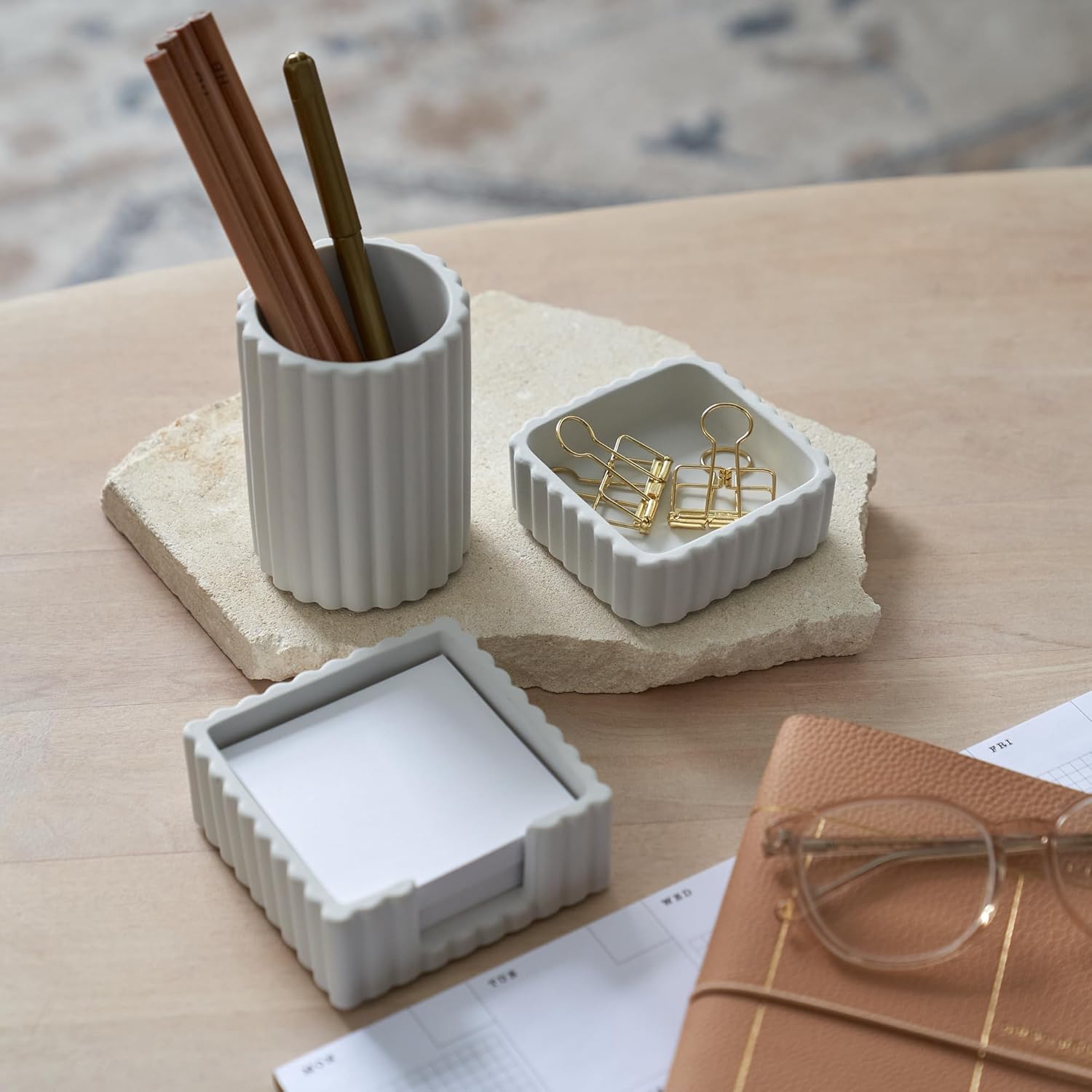 Aesthetic Desk Organizer Set of 3 For Your Office - Sturdy Concrete Desktop Accessories For Women Enhance Any Office