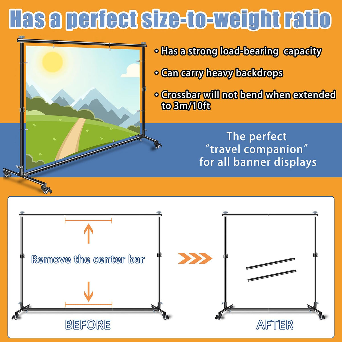 10 * 7ft Adjustable Backdrop Stand with Wheels, Photo Background Stand