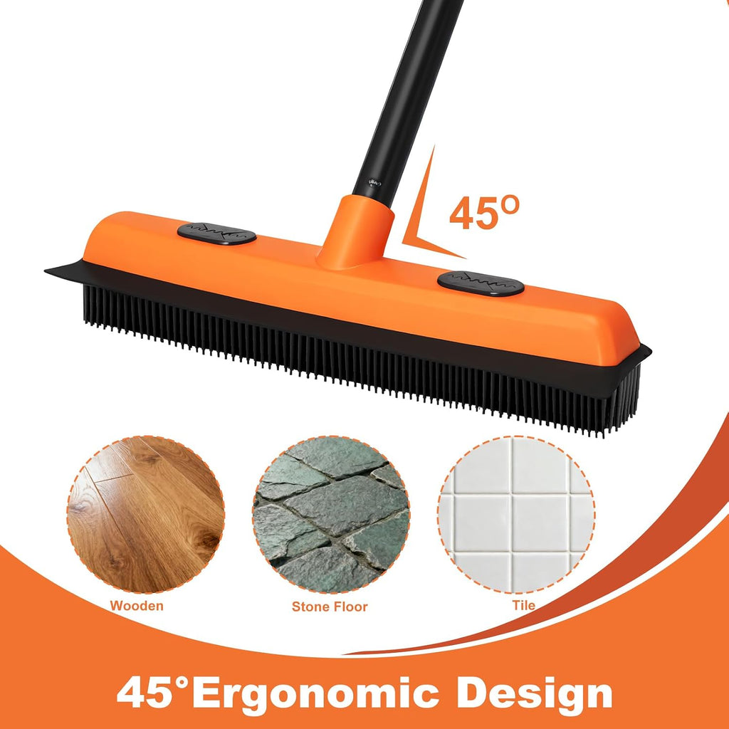 Rubber Broom and Carpet Rake for Pet Hair Removal, 49 Inch Three Section Stainless Steel Pole, Hair Removal Tool, Pet