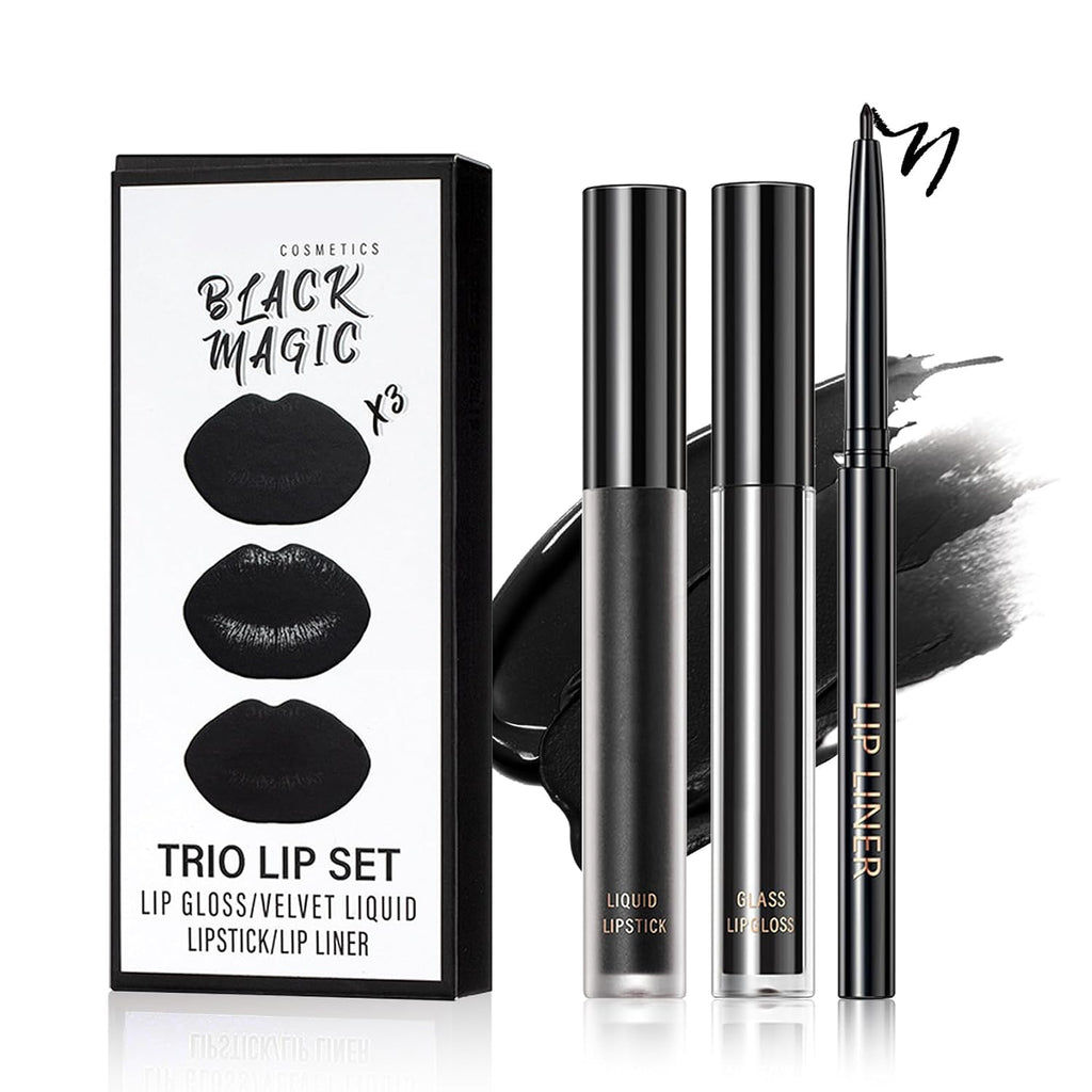 3 in 1 Black Lip Liner and Lipstick Lip Gloss Set (12 Black Magic) | Long-lasting Matte Velvet Goth Makeup,Nonstick