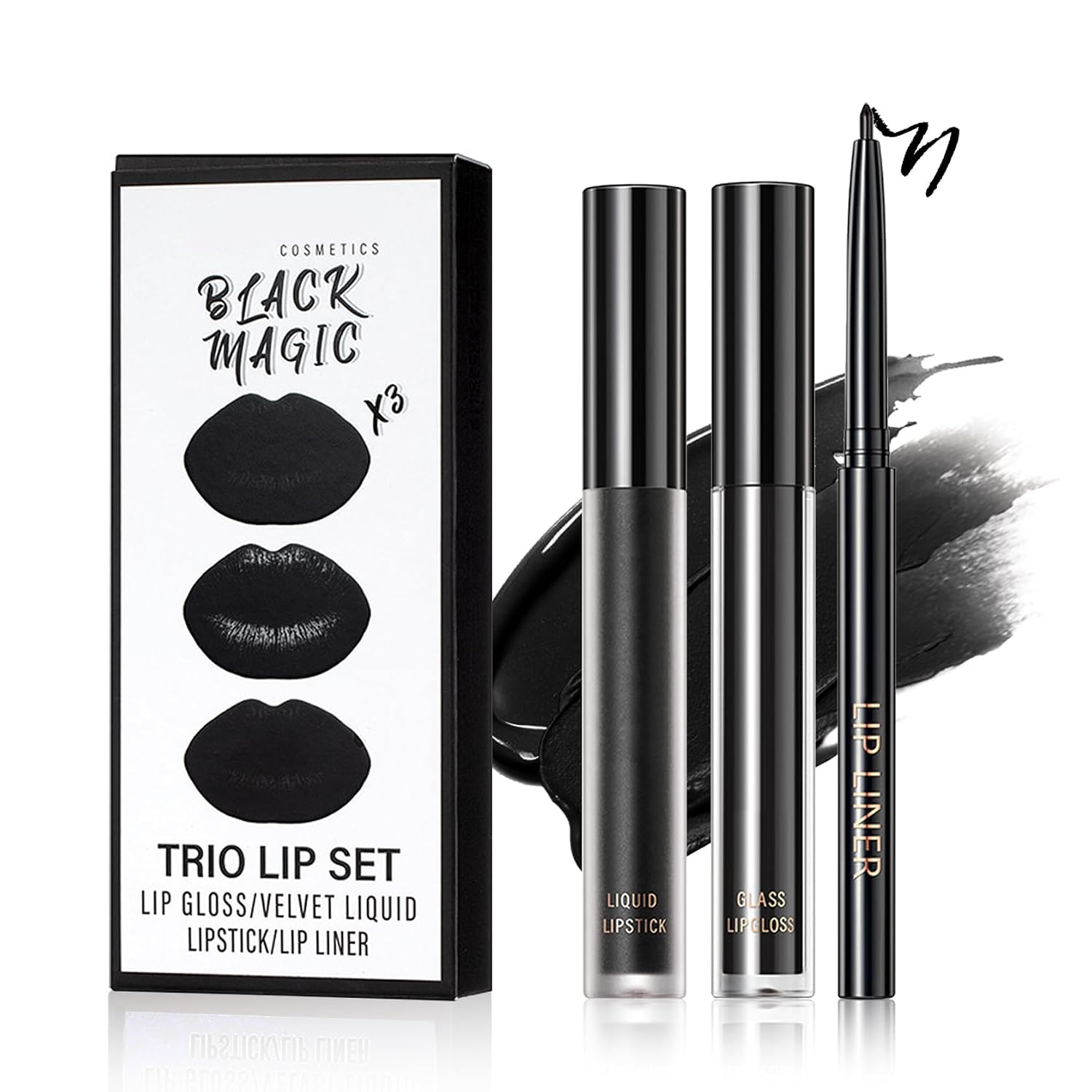 3 in 1 Black Lip Liner and Lipstick Lip Gloss Set (12 Black Magic) | Long-lasting Matte Velvet Goth Makeup,Nonstick