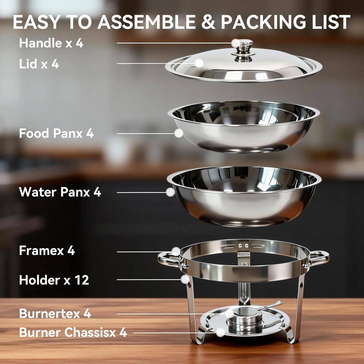4-Pack Chafing Dishes for Buffet，6QT 304 Stainless Steel Round Chafing Dish Buffet Set - Complete Food Warmers with